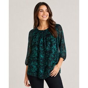 Winter Kate Emerald Green Black Floral Silk Blouse Gold Lurex Sheer Top XS